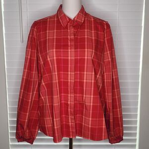 Biltmore Red Plaid Puff Sleeve Collared Button Down Blouse Shirt Top‎ Size Large
